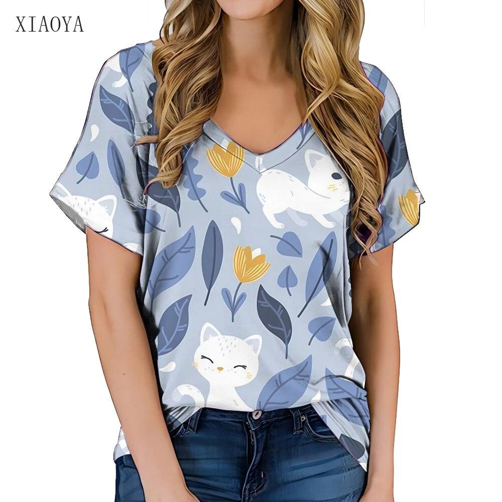 Fashionable Women's Clothing V-neck Kitten Print T-shirt Street Hot Selling Homestay Casual Top Summer Personalized Women Shirt