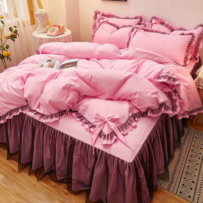 Korean Style Lace Flannel Bed Set: Princess Three-Piece Non-Slip Bedspread and Floor-Length Bed Sheet with Duvet Cover