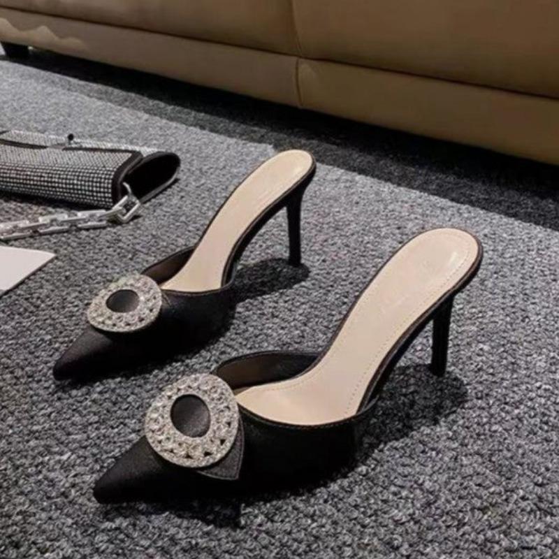 Fashion Women's Baotou Slippers Fall New Pointed Head Rhinestone Buckle Anti-slip Wear-resistant High Heels