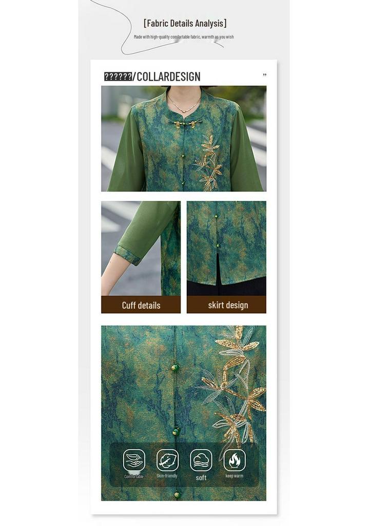 Chinese Style Printed Summer Shirt for Middle-aged & Elderly Women - Slimming Mid-Sleeve Top