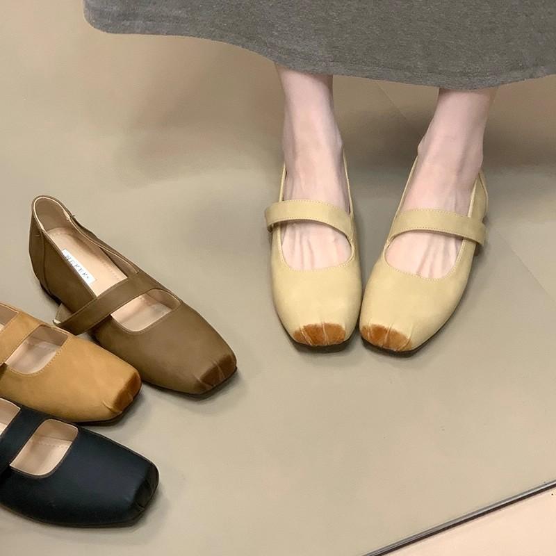 French Square Head with Shallow Mouth Mary Jane Shoes Women's 2025 Autumn New Retro Inner Height-increasing Ballet Shoes