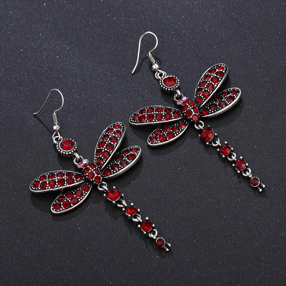 

Посеребренные серьги-крючки великолепных цветов со стразами и кристаллами стрекозы красный