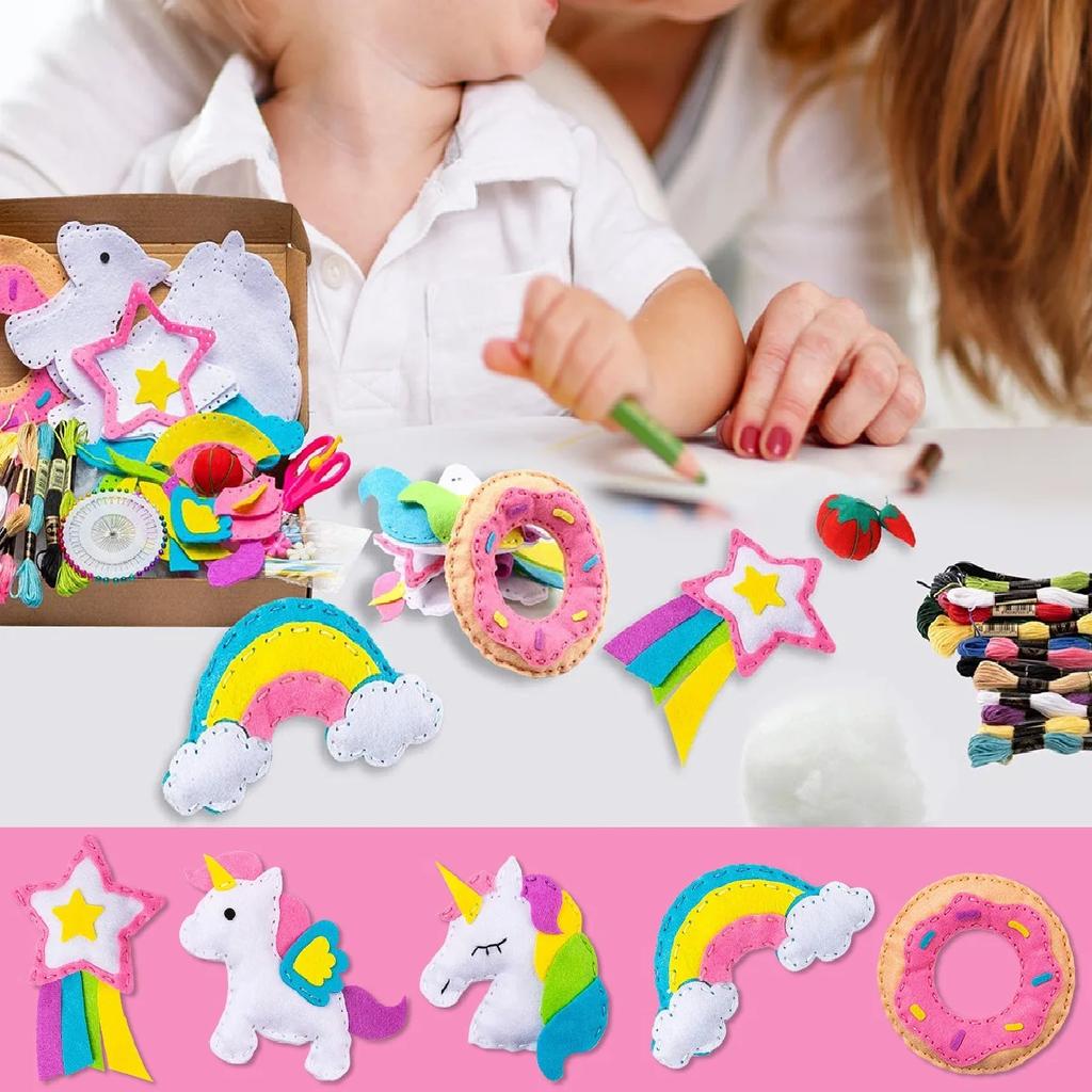 Kids Felt Sewing Craft Supplies Cartoon Unicorn DIY Stitch Sew Toy for Beginners Toddlers Boys Girls Educational Hand Make Art