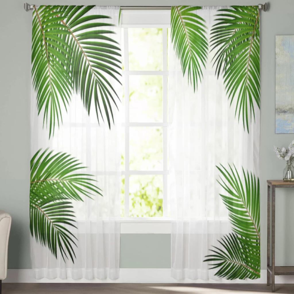 Tropical Green Plant Leaves Sheer Curtains For Living Room Bedroom Tulle Curtains Kitchen Window Treatments Panel Drapes