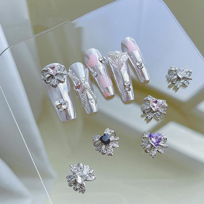 5Pcs Bows Heart Diamond Nail Art Charm 3D Alloy Bow Heart Nail Decoration Diy  Nail Accessories