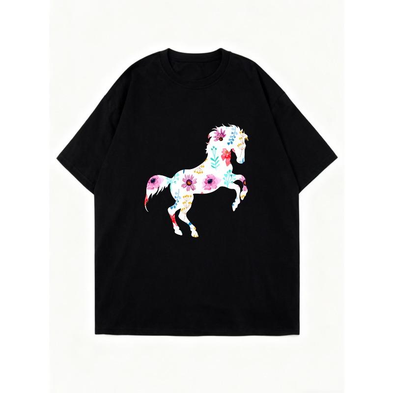 Oversized T Shirt Dress Black Floral Horse Print Casual Wear For Women