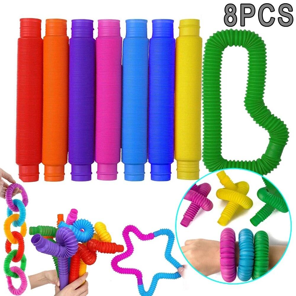 8Pcs Colorful Telescopic Tube Pop Tube Stretching Tube Corrugated Tube Children Adult Stress Relief Toy Educational Folding Toys