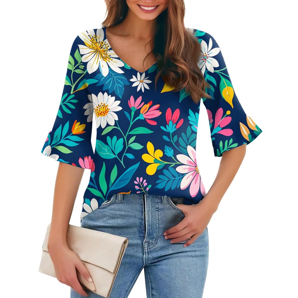 Damen Casual Fashion V-Ausschnitt Pullover Lose Pendeln Floral Fünf-Punkt-Ärmel T-Shirt Top