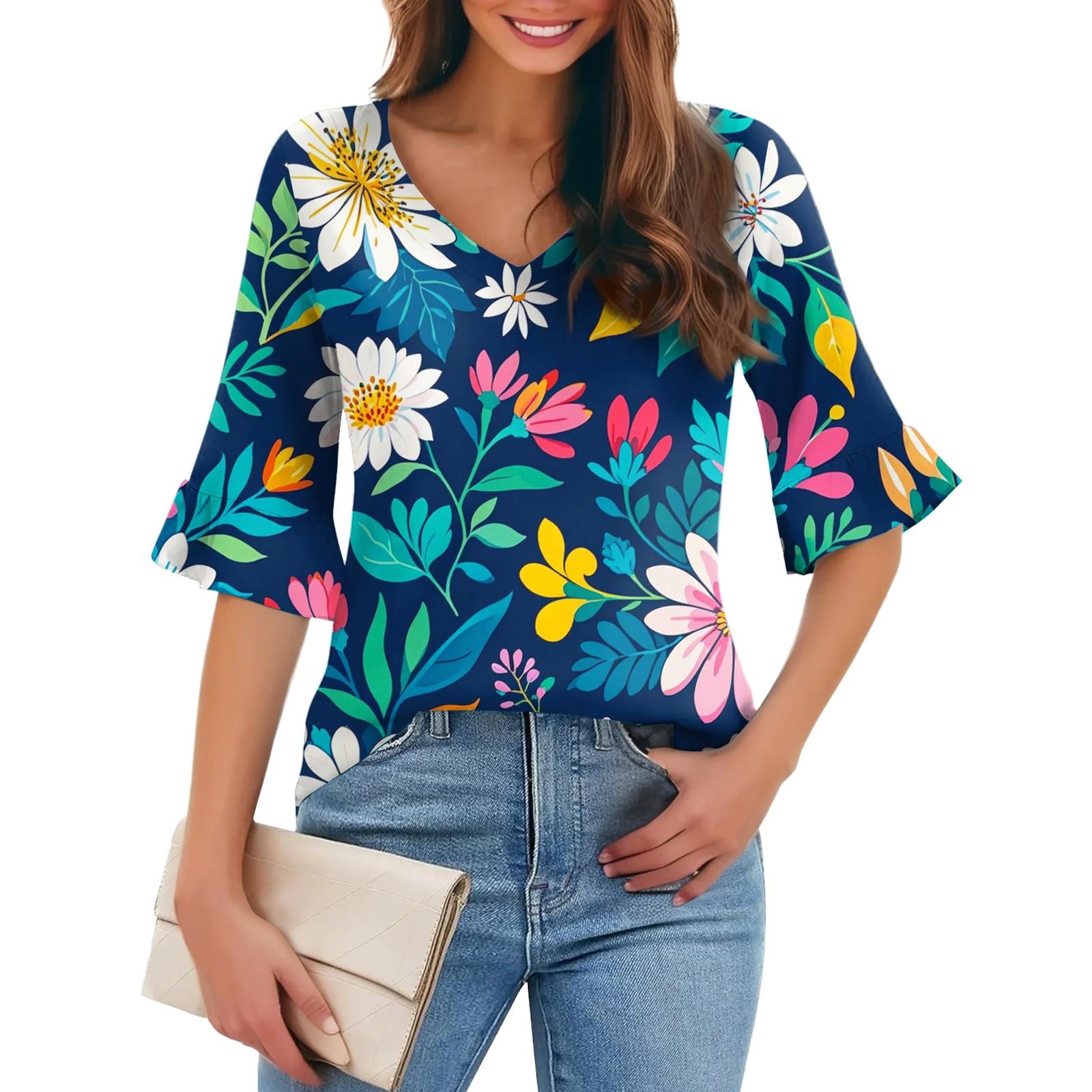 

Женская повседневная модная футболка с V-образным вырезом, свободная, для поездок на работу, с цветочным принтом и рукавами-пятью точками L зелёный