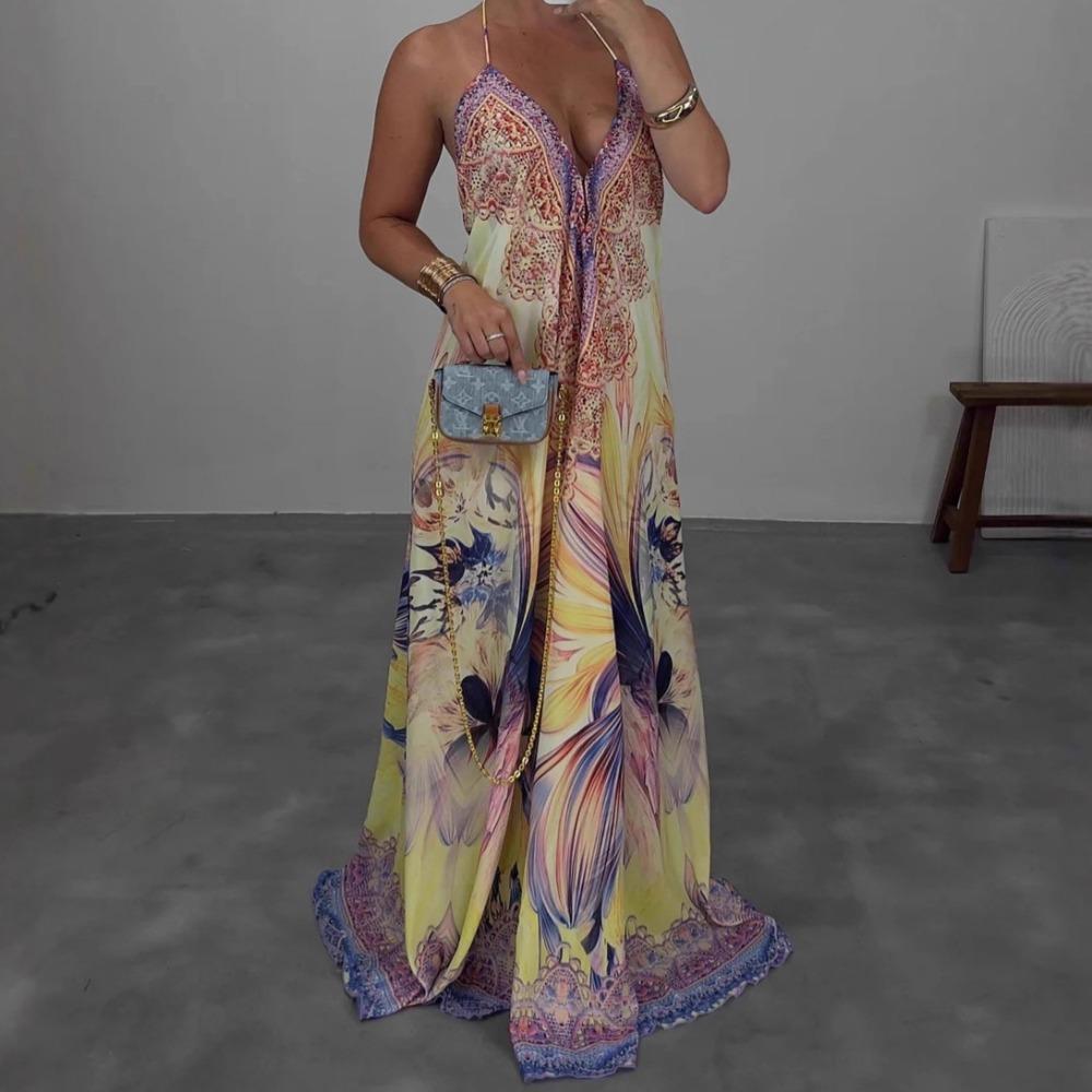 Women's Halter Neck Sleeveless Printed Maxi Dress Loose Fit Mid Waist Bohemian Dress