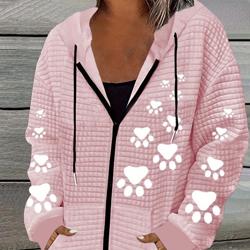 Giacca con cappuccio e zip a nido d'ape casual da donna con stampa zampa di gatto - Poliestere