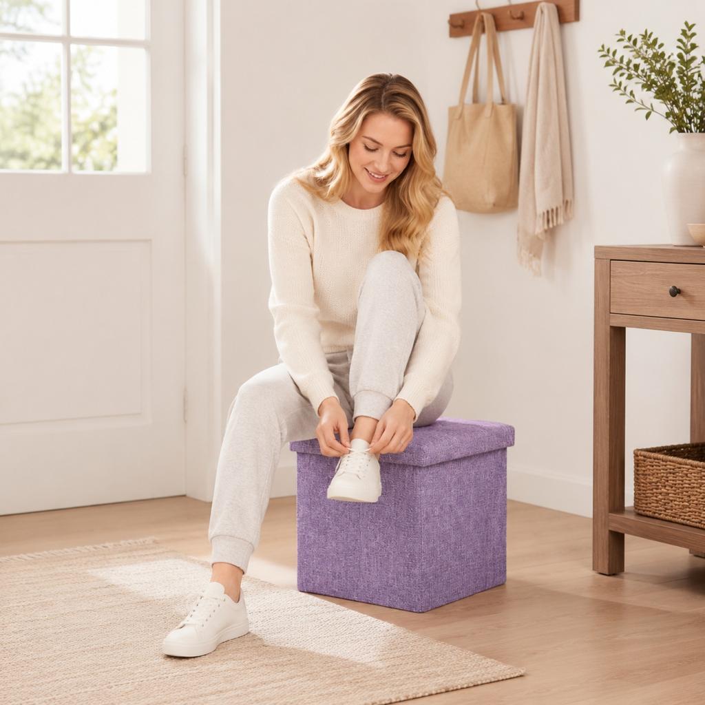 Quadratischer Aufbewahrungs-Hocker mit Polster, faltbar - Platzsparend, mehrzweckige Leinen-Aufbewahrung für Wohnzimmer, Schlafzimmer, Eingangsbereich
