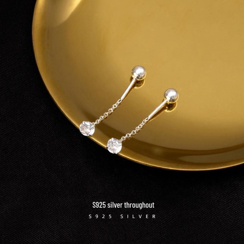 

Серьги-гвоздики из стерлингового серебра 925 пробы с бриллиантами, цирконами, черной бусиной и короткой цепочкой-косточкой в стиле хип-хоп ES2075 серебряный