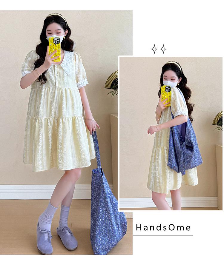 Trendy Maternity Summer Dress: Sweet Lace Collared Short Sleeve Skirt for Fashionable Moms