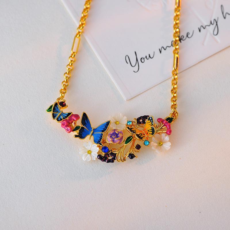 Hand-Painted Enamel Necklace with Romantic Butterfly and Floral Design for Women