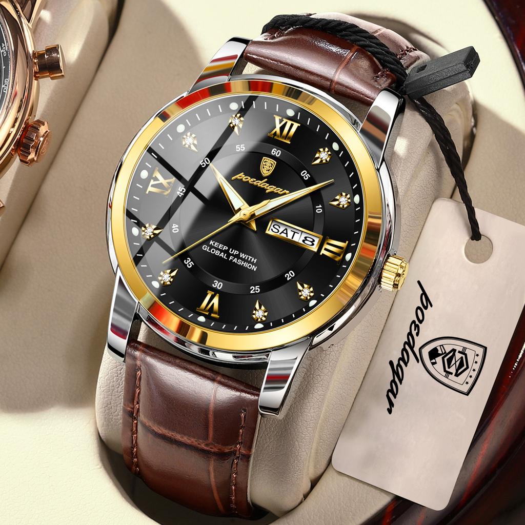 POEDAGAR Luxury Business Male Clock Date Week Waterproof Luminous Gold Wristwatch Casual Fashion Quartz Watches Reloj