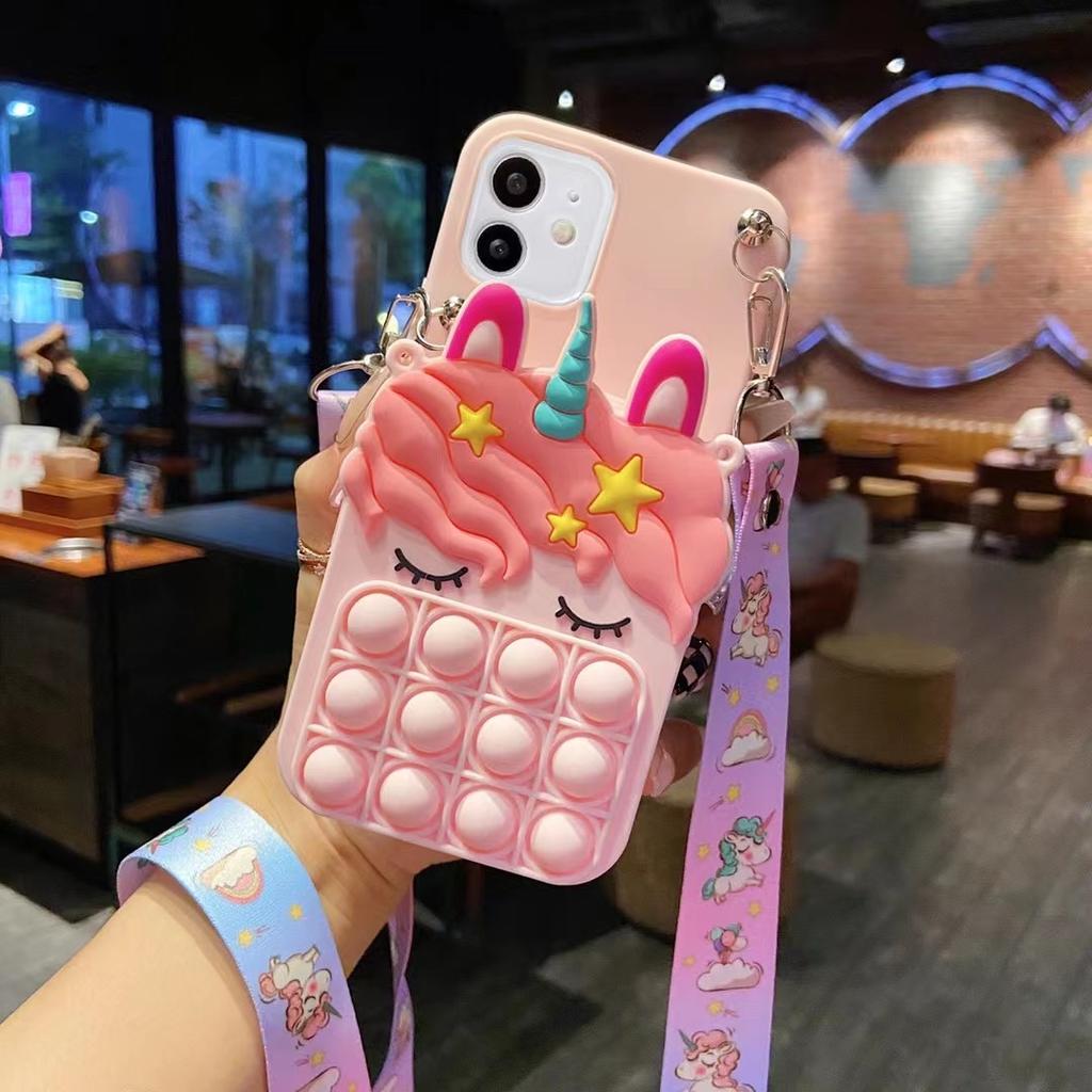 3D Cartoon Reißverschluss Geldbörse Handyhülle Für iPhone 8 7 6 6s 5 Plus X XR XS Max SE Lanyard Riemen Halskette Einhorn Blasen Hülle