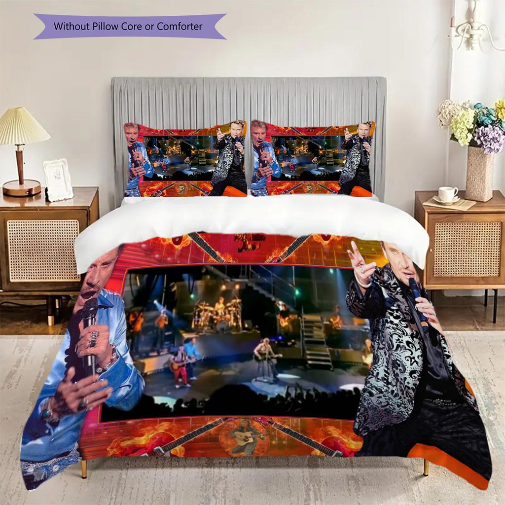 Johnny Hallyday Three-piece set (1 * duvet cover + 2 * pillowcase, without core) 2D Flat Christmas birthday gift Soft and comfortable Bedding set