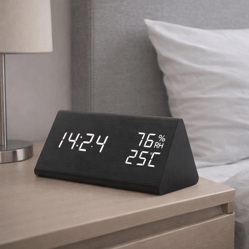 Triangular Wooden LED Alarm Clock Humidity and Temperature Display Adjustable Brightness Digital Alarm Clock Voice-activated