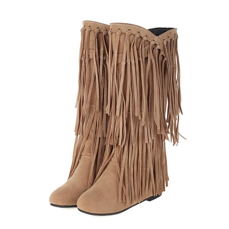 Large size boots autumn and winter new women's boots casual fringed boots college style flat-bottomed high boots women's shoes