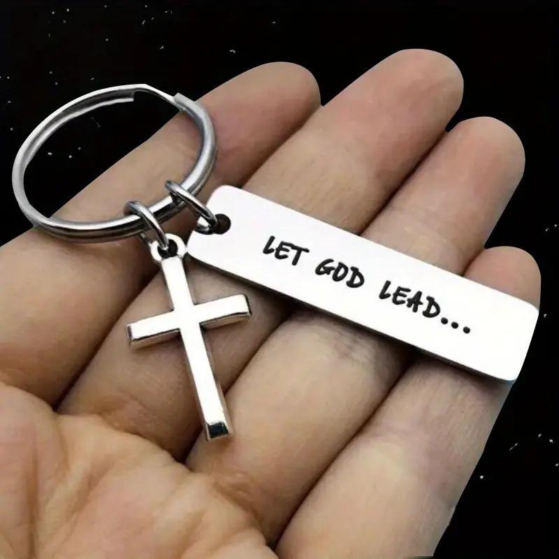 Stainless Steel Minimalist Keychain with Engravable 'LET GOD LEAD' Cross Pendant