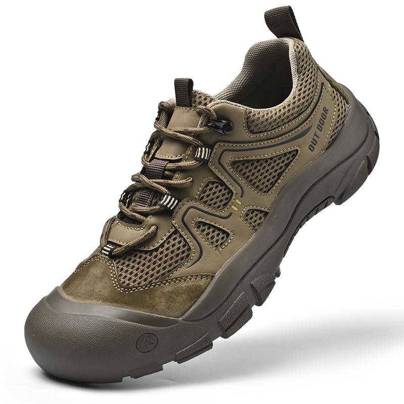 

Модная сетчатая и кожаная лоскутная повседневная обувь Мужская дышащая сетчатая обувь Уличные кроссовки для ходьбы Противоударный носок Мужская обувь для трекинга 46 хаки