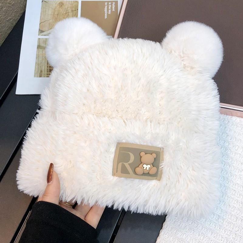 Hats Winter Knitted Hats Pile Hats Big Head Circumference Soft and Waxy Cute Bear Ears Plush Hat Autumn and Winter Warm Hat