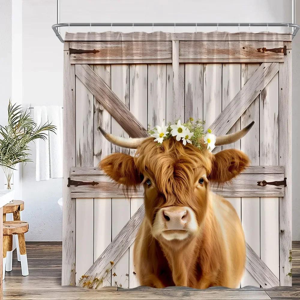 Kreskówkowy Zabawny Zwierzę Kąpielowe Zasłona Prysznicowa Nadruk Krowy Highland Ozdoby Łazienkowe Poliestrowa Zasłona Prysznicowa
