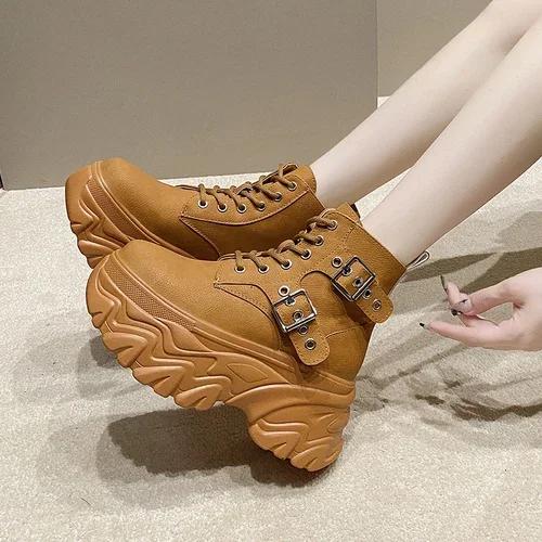 fashion Women's High Platform Motorcycles Boots Autumn Winter 8CM Heels Ankle Combat Boots New Chunky Leather Sneakers Buckle Punk Boots
