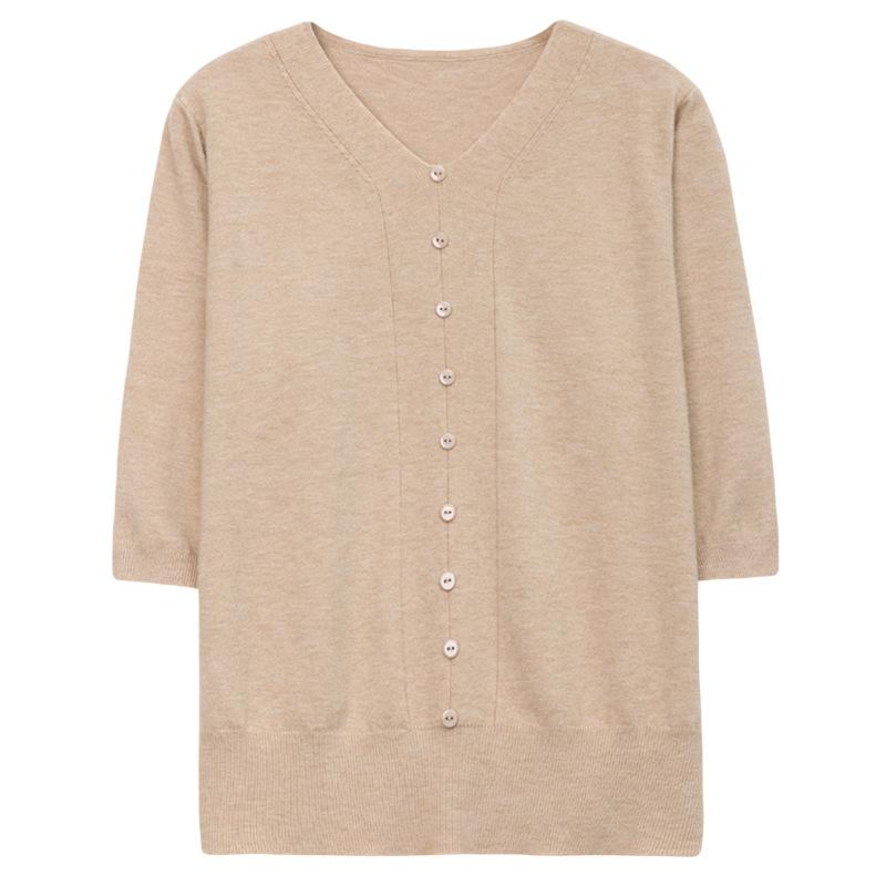 Summer Autumn V-neck Solid Color Knitting Pullover Top Women 3/4 Sleeve Solid Color Knitting Tee Ladies Sweater