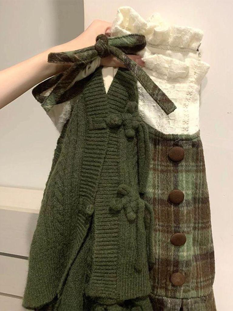 2025 Retro Mori Kostkovaný Vlněný Směs Dvou dílný: Šaty zeštíhlující pas pro studenty, Podzim/Jaro