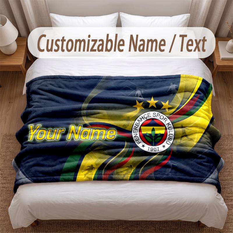 Fenerbahçe FC Printed Flannel Blanket Custom Name Text Soft Warm Throw For Bedroom Holiday Gift