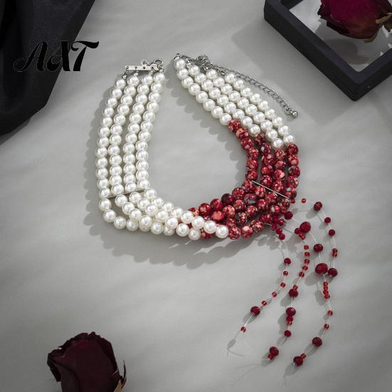Mysterious Fashion Jewelry Gothic Blood Drop Choker, Layered Faux Pearl Necklace, Red Tassel Spooky Party Earrrings, Punk Style Vampire for