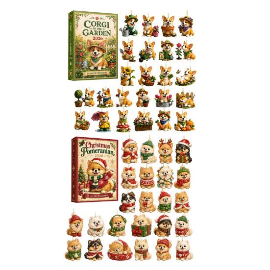 Puppy Ornament Blind Box Cute Puppies Advent Calendar, 24 Days Christmas Countdown Calendar with 2D Corgi Gardening Flat Acrylic Dog Pendants for