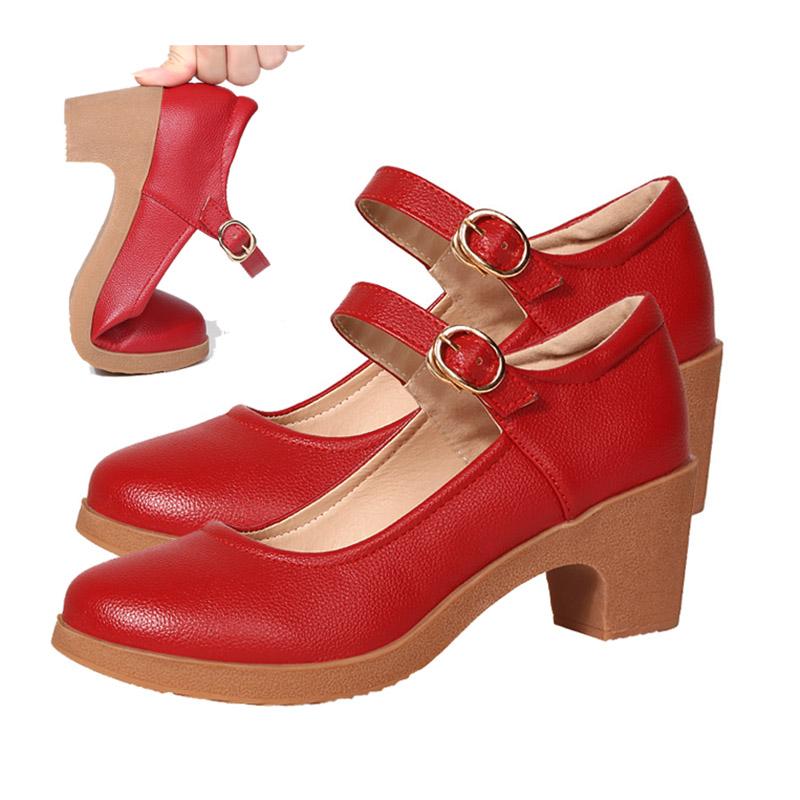 Mary Jane shoes square heel ankle strap round toe high heel pumps female comfortbale soft sole party wedding red shoes