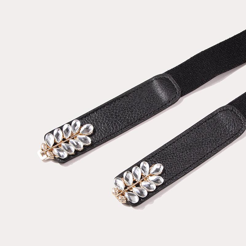 New Leaf Elastic Waist Seal for Women Thin Leaves Glass Diamond Adjustment Belt