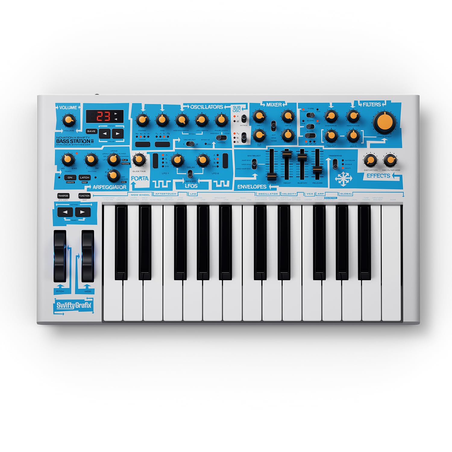 

Novation Bass Station II Swifty Edition Limited edition paraphonic analog bass synthesizer with 60 new artist AFX USB dual and unique – patches,