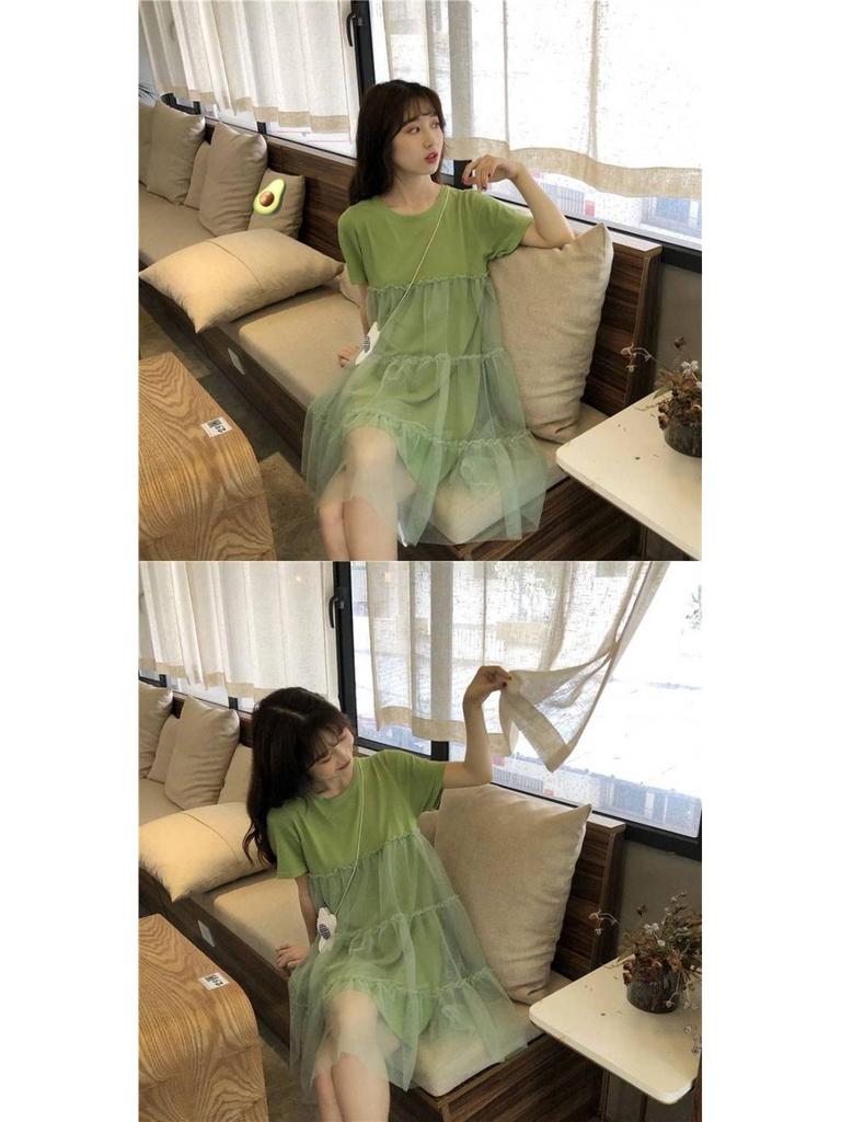 Summer 2023 Korean-Style Maternity Patchwork Dress – Loose Fit, Fresh, Sweet, and Fairy-Themed with Short Sleeves.
