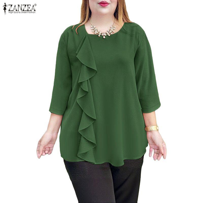 ZANZEA Women Casual Round Neck Loose 3/4 Sleeve Blouse