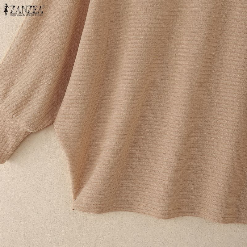 ZANZEA Women Casual O-neck Solid Color Bat Sleeve Rib Thin Blouse Tops