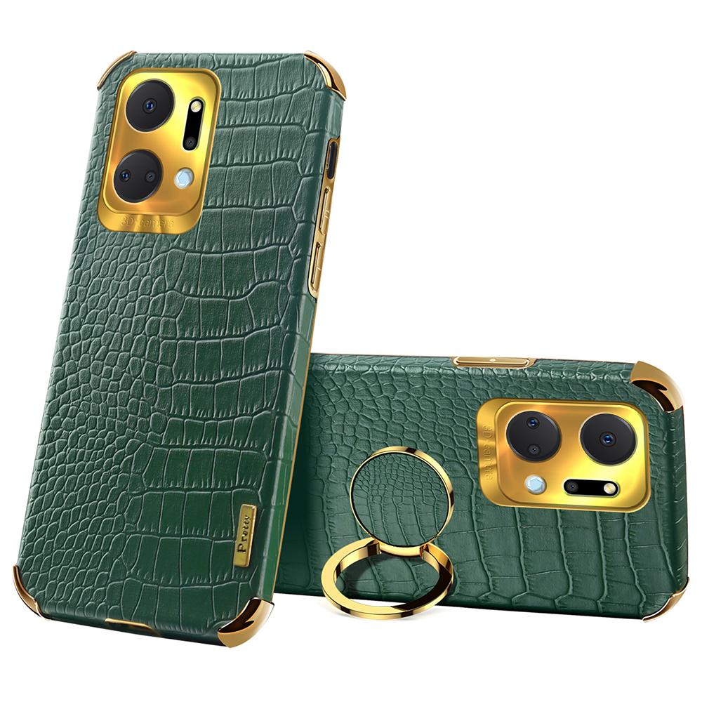 Crocodile Texture Phone Case for Honor X7a 4G/5G,PU Leather Coated TPU 6D Electroplated Cover with Ring Kickstand