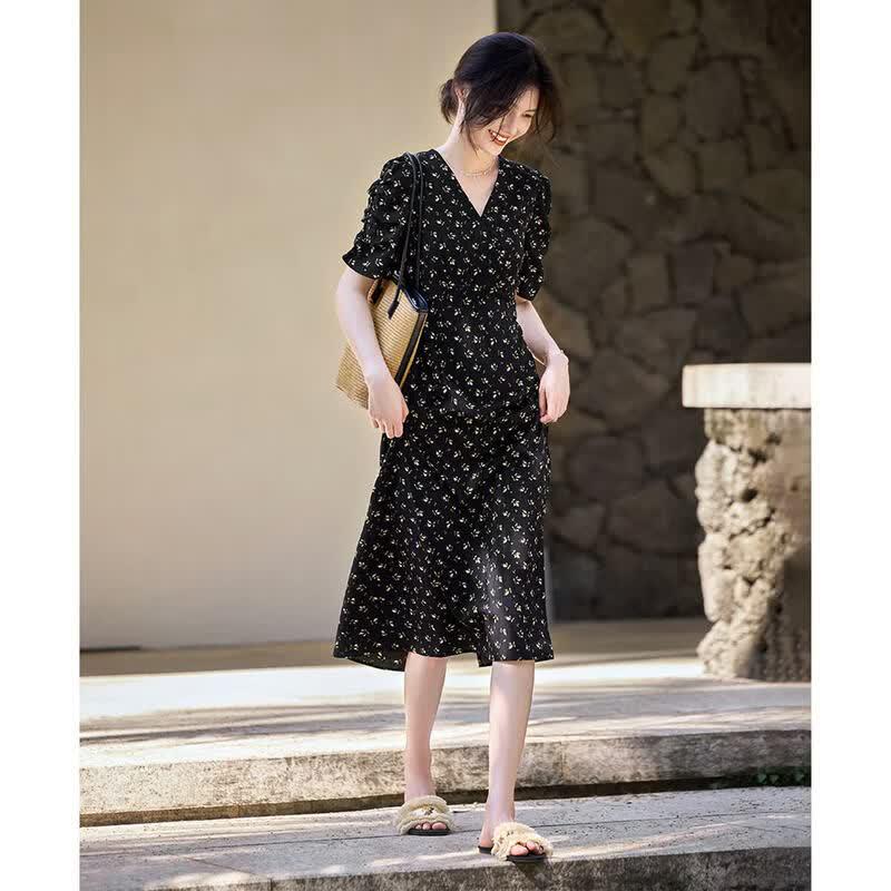 XWI French Elegant Floral V-Neck Tea Dress L