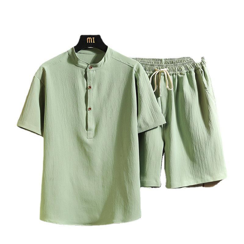Men's Stand Collar Retro Short Sleeve T-shirt & Shorts Set, Solid Color National Style, 2022.