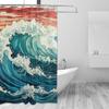 Japanese Wave Art Shower Curtain, Retro Monochrome Abstract Wave Decorative Bathroom Curtain, Asian Style Ocean Theme