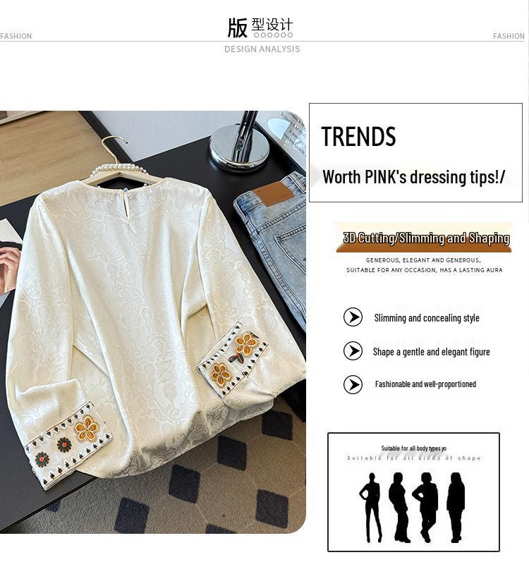 Women's Chinese Style Acetate Satin Shirt with Embroidered Jacquard, Spring Round Neck, Loose Fit