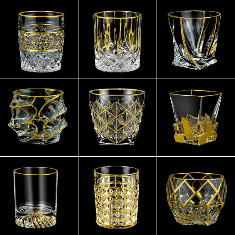 Creative Hand-painted Gold Line Crystal Glass Whiskey Foreign Wine Cup Household Water Cup Engraved Juice Cups