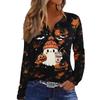 Women's Casual Long Sleeve T-Shirt with Halloween Print V-Neck and Button