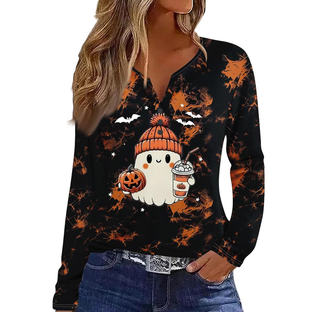 Women's Casual Long Sleeve T-Shirt with Halloween Print V-Neck and Button