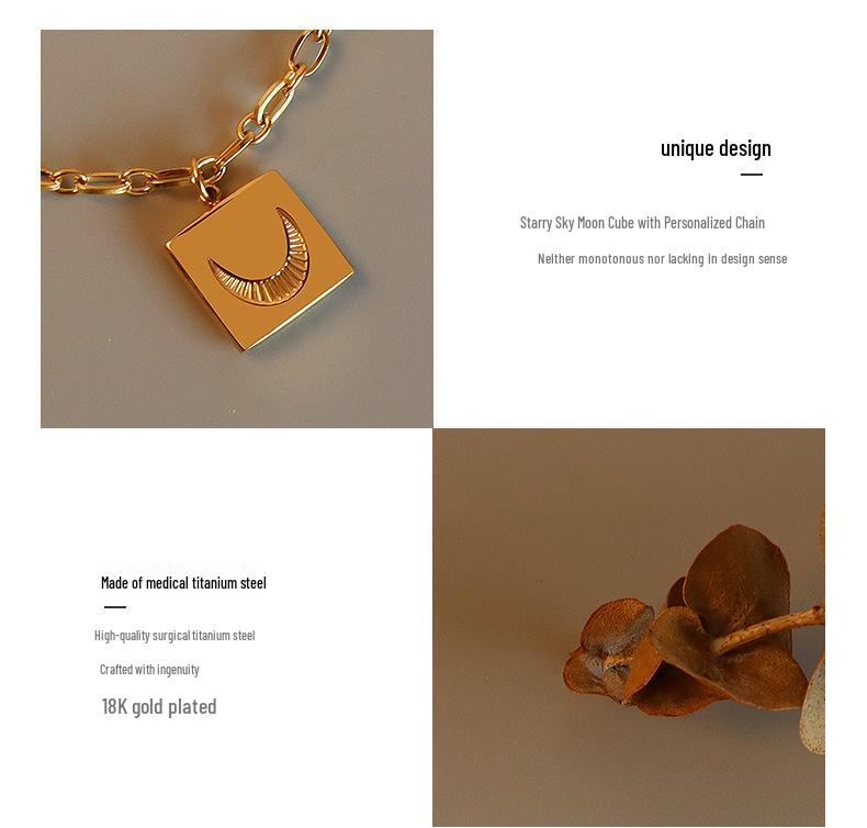 French Starry Sky Moon Square Necklace, Gold-Plated Titanium Steel, Personalized Design, Fashionable and Colorfast Jewelry.