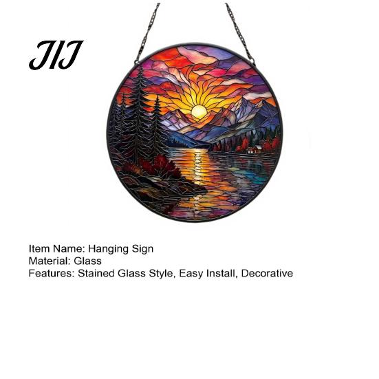 Window Light Refracting Art Stained Glass Style Suncatcher, Mountain Sunset Landscape Hanging Ornament, Colorful Artistic Sunlight Reflector